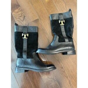 Tory Burch Corey Black Mid Calf Boots Size 7 Leather & Suede Riding Style